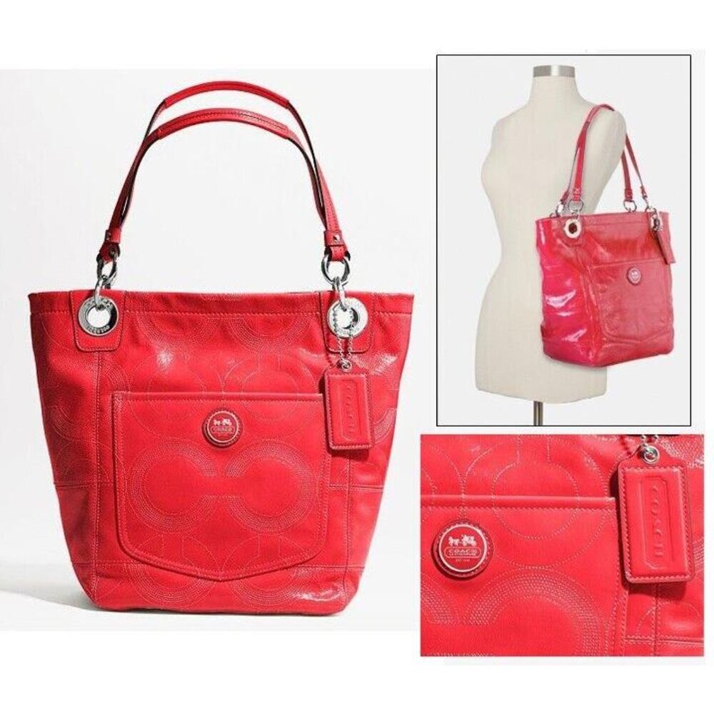 COACH Alex Op Art Patent Leather Coral Pink Tote Duffle Shoulder Bag NWOT